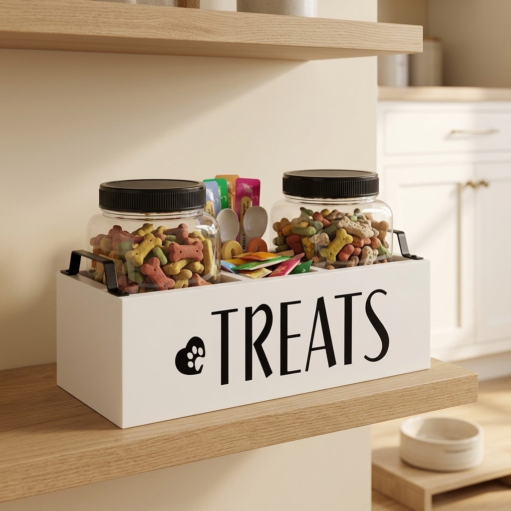 Farmhouse Wood Dog Treat Caddy with 2 Jars and Handle, White