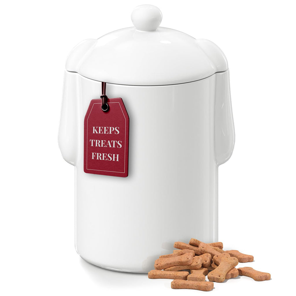 Large Rustic Ceramic Dog Treat Jar with Airtight Lid, White
