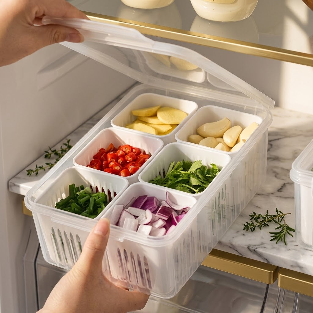 Refrigerator Organizer Set for Scallions, Ginger and Garlic, 6 Containers
