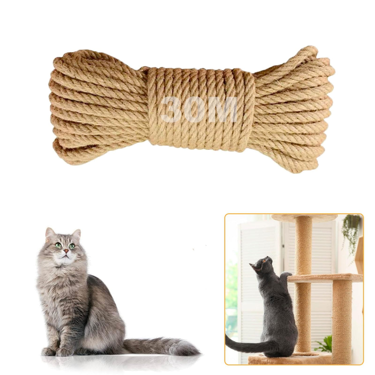 Natural Jute Rope for Cat Scratching Posts, 6 mm x 30 m