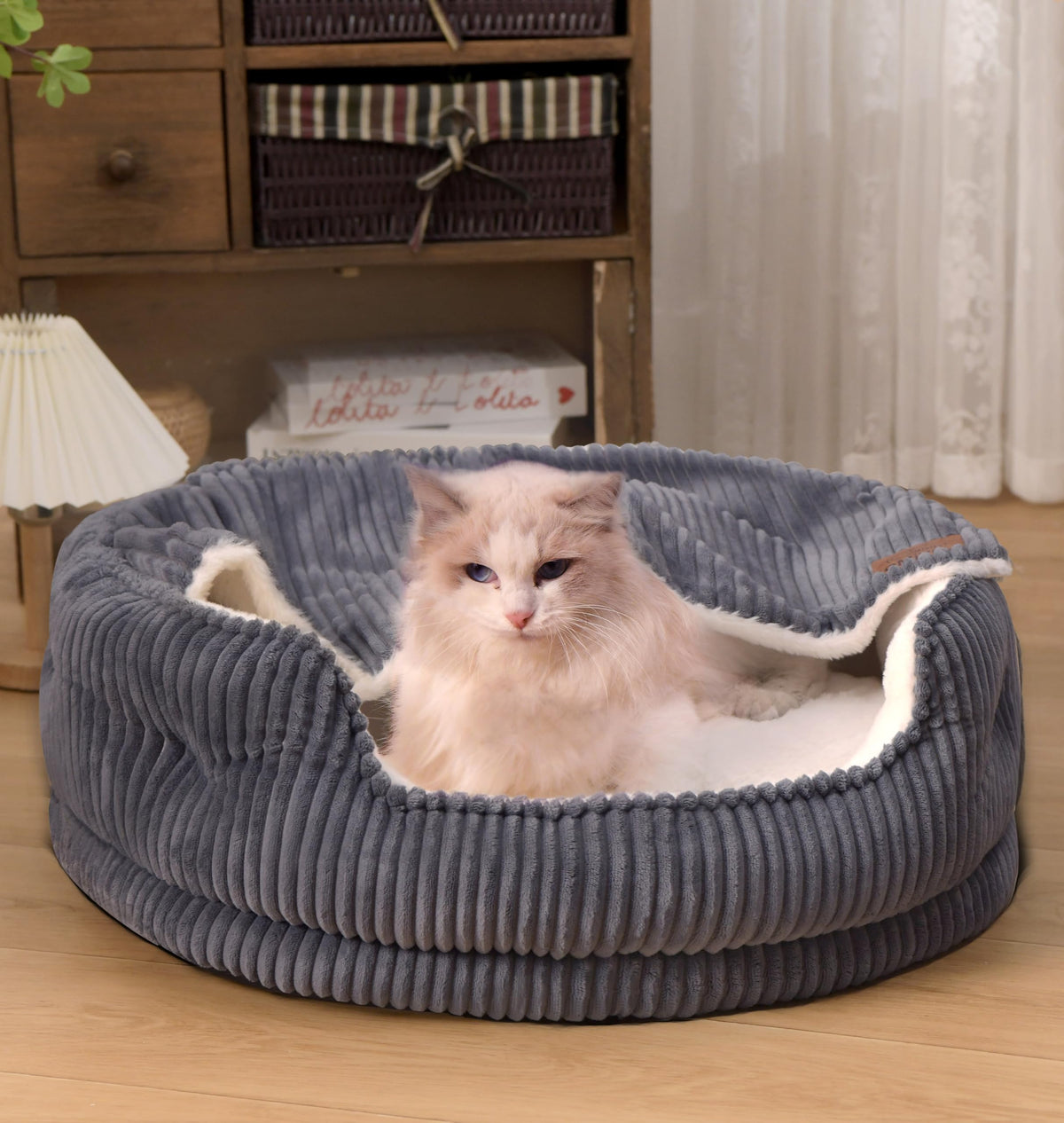Hooded Cat Bed with Attached Blanket and Removable Pad, Dark Grey