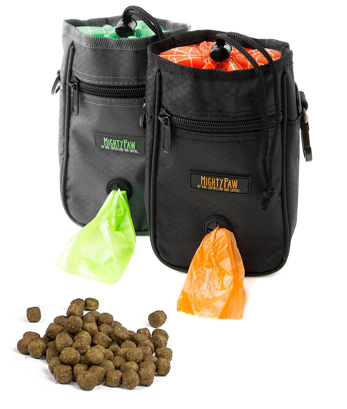 Drawstring Dog Treat Bag with Carabiner and Pick-Up Bags, Grey and Green