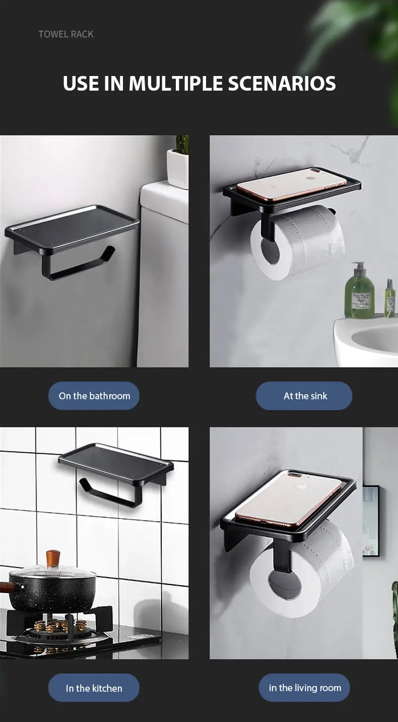 No-Drill Aluminum Towel and Toilet Paper Holder, Black or White