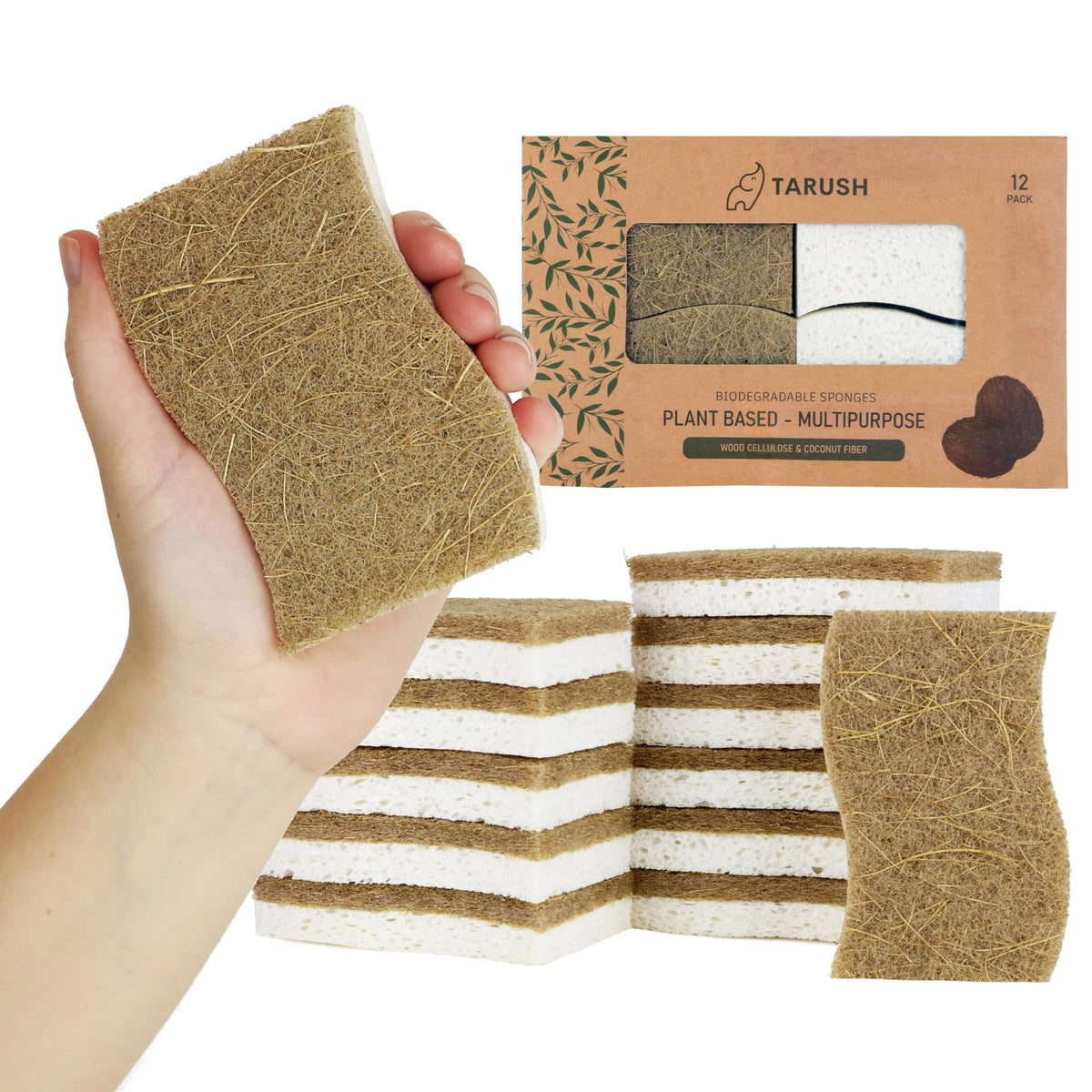 S-Shape Cellulose and Coconut Fiber Kitchen Sponges, White and Brown