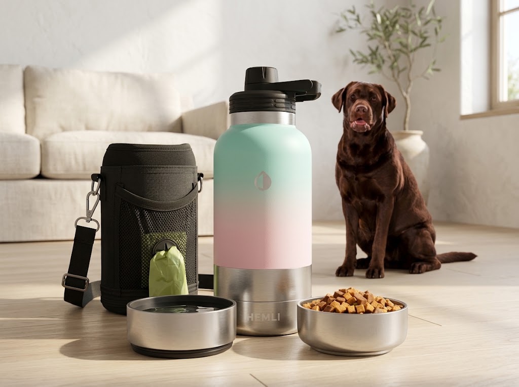 Insulated Dog Travel Bottle with Water and Food Bowls, 32 oz