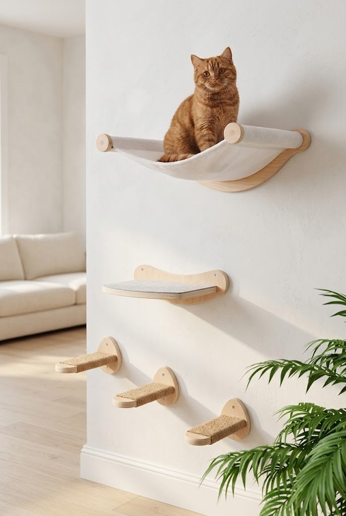Wall-Mounted Cat Furniture Set with Hammock, Steps and Shelf