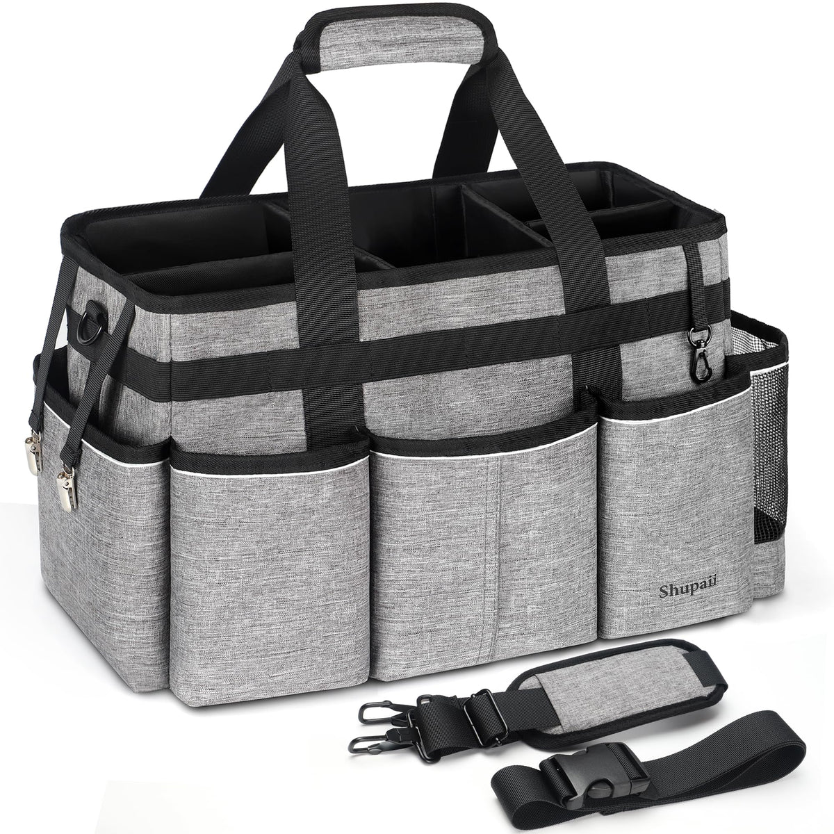 Large Wearable Cleaning Caddy with 4 Foldable Dividers, Grey