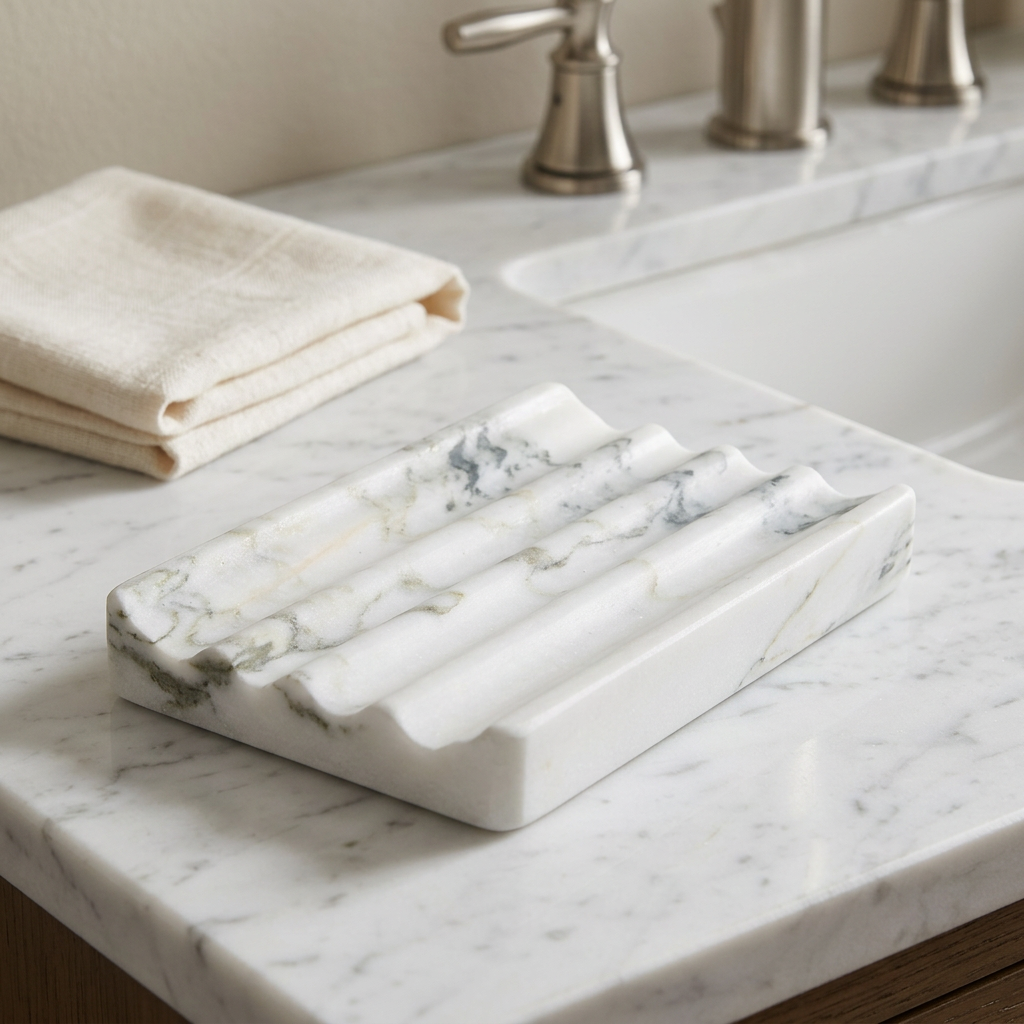 Verde Alpi Natural Marble Soap Dish with Drain Grooves, 5.5 x 3.5 in