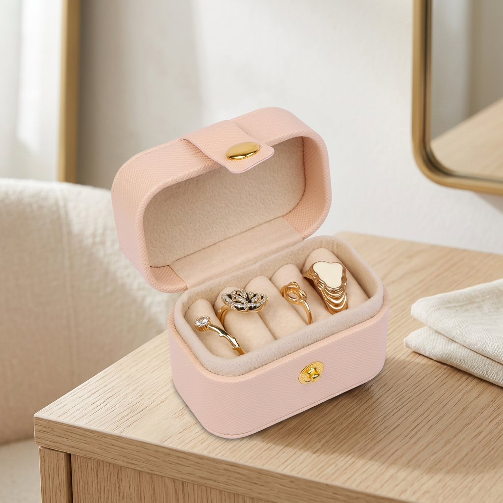 Mini PU Leather Travel Ring Box with 5 Ring Rolls, Pink