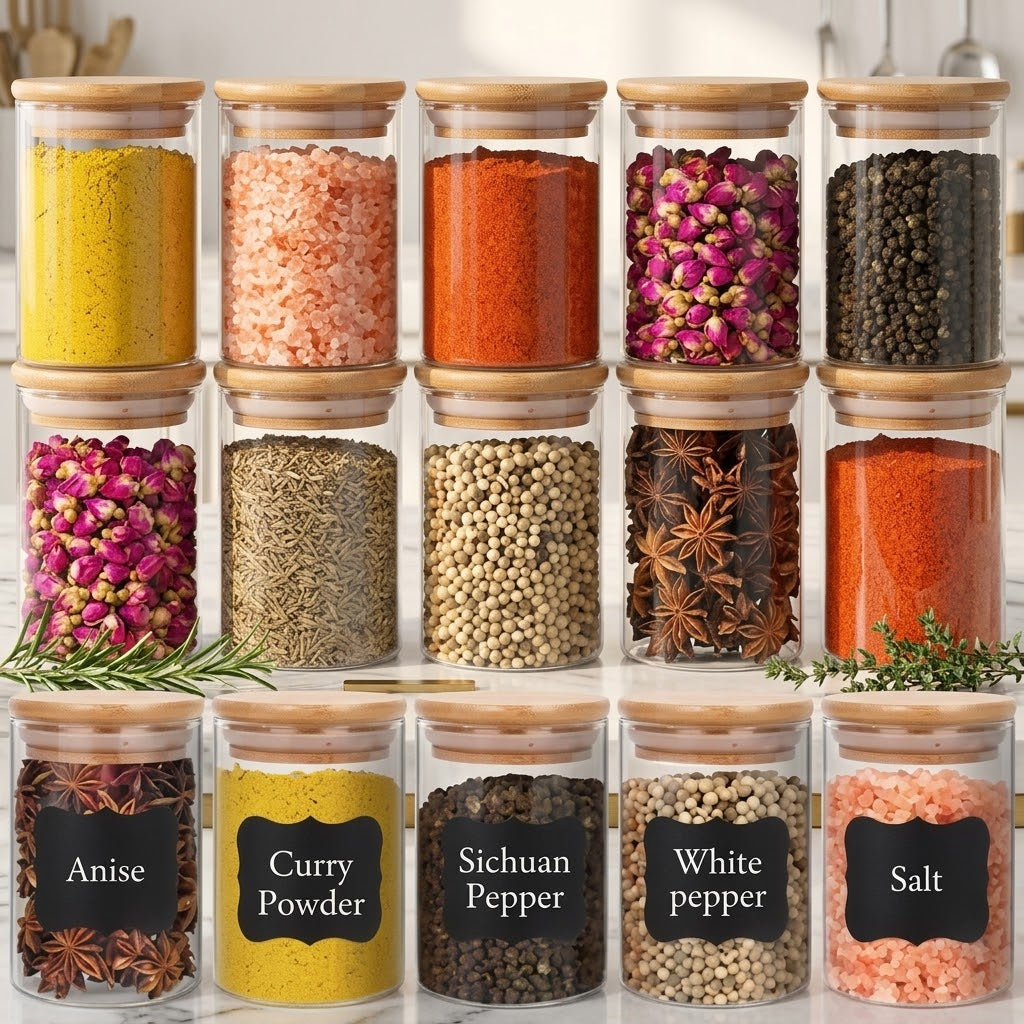 Small Glass Spice Jars with Bamboo Lids, 8 oz, 15-Piece Set