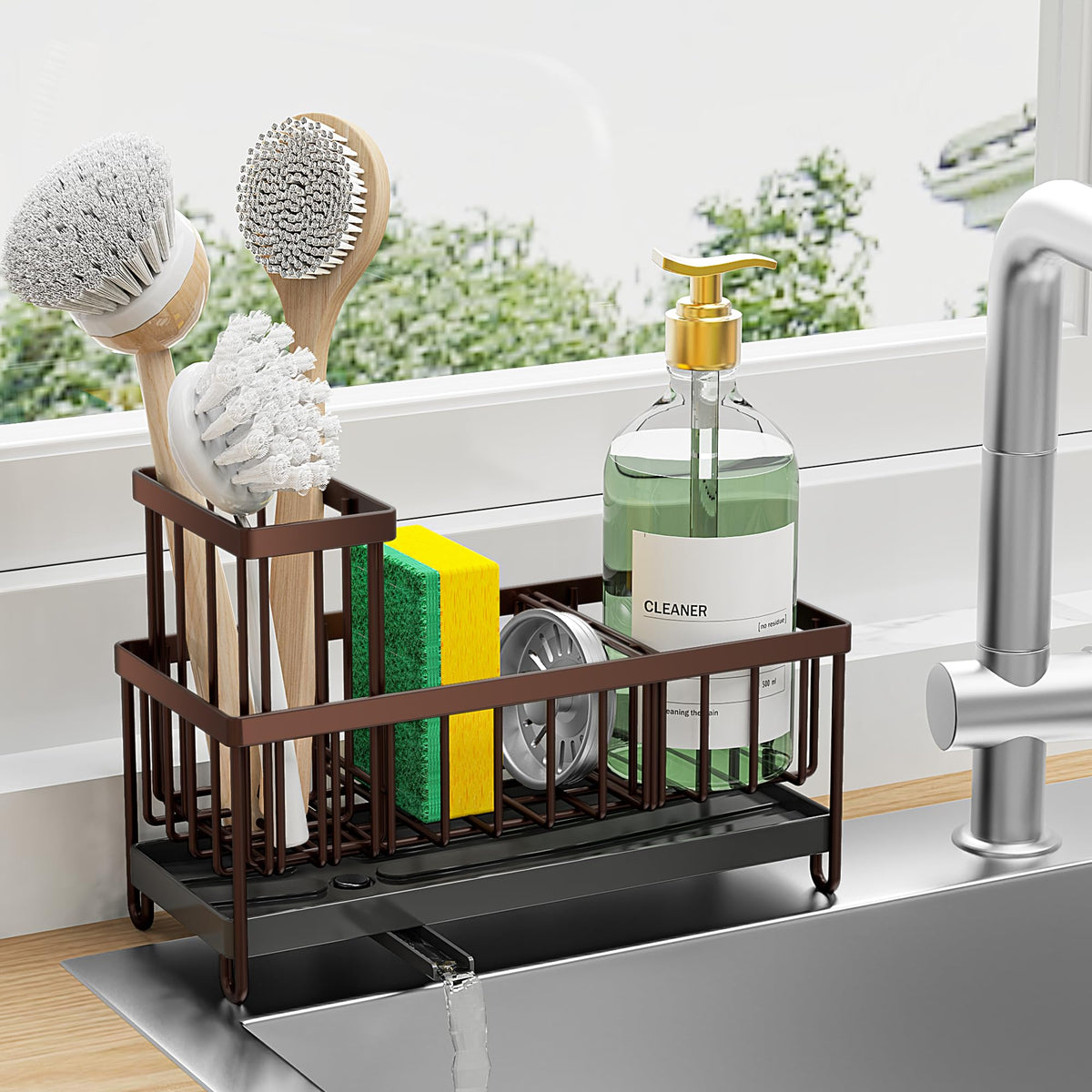 Stainless Steel Sink Caddy with Rotating Drain Spout and Brush Holder