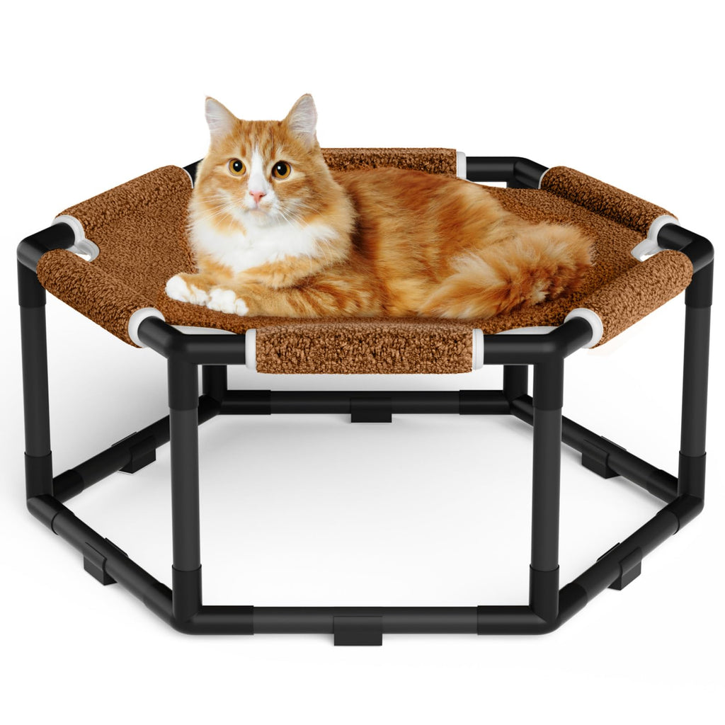 Hexagon Elevated Cat Hammock Bed with Teddy Velvet, 20.5 x 18 in, Brown