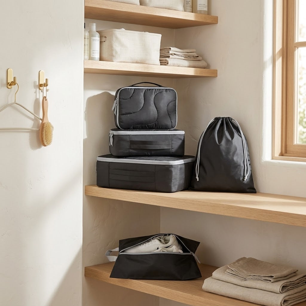 Quilted Puffy Packing Cubes, 5-Piece Set, Black