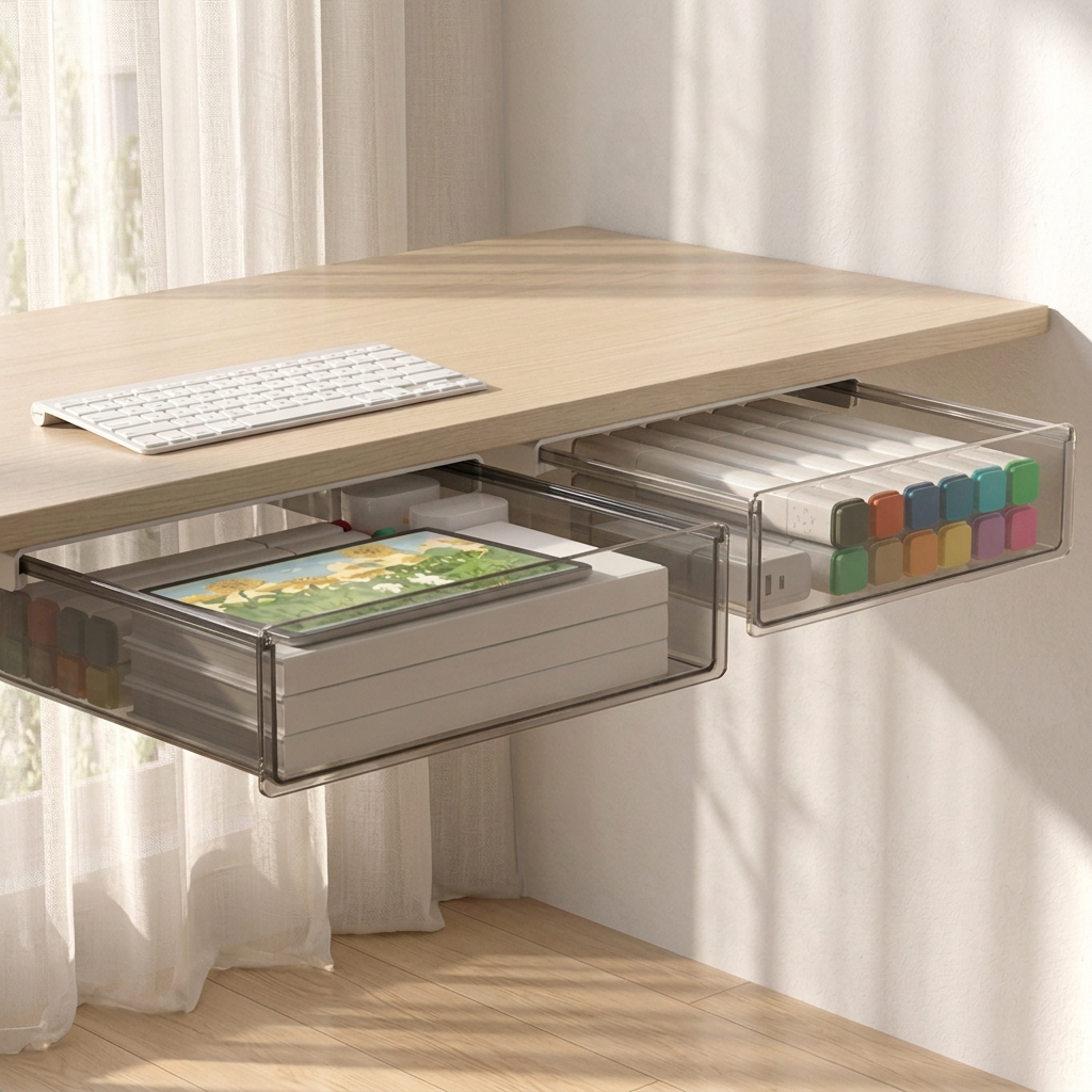 Under-Desk Drawer Storage Box, Transparent PP, White or Black