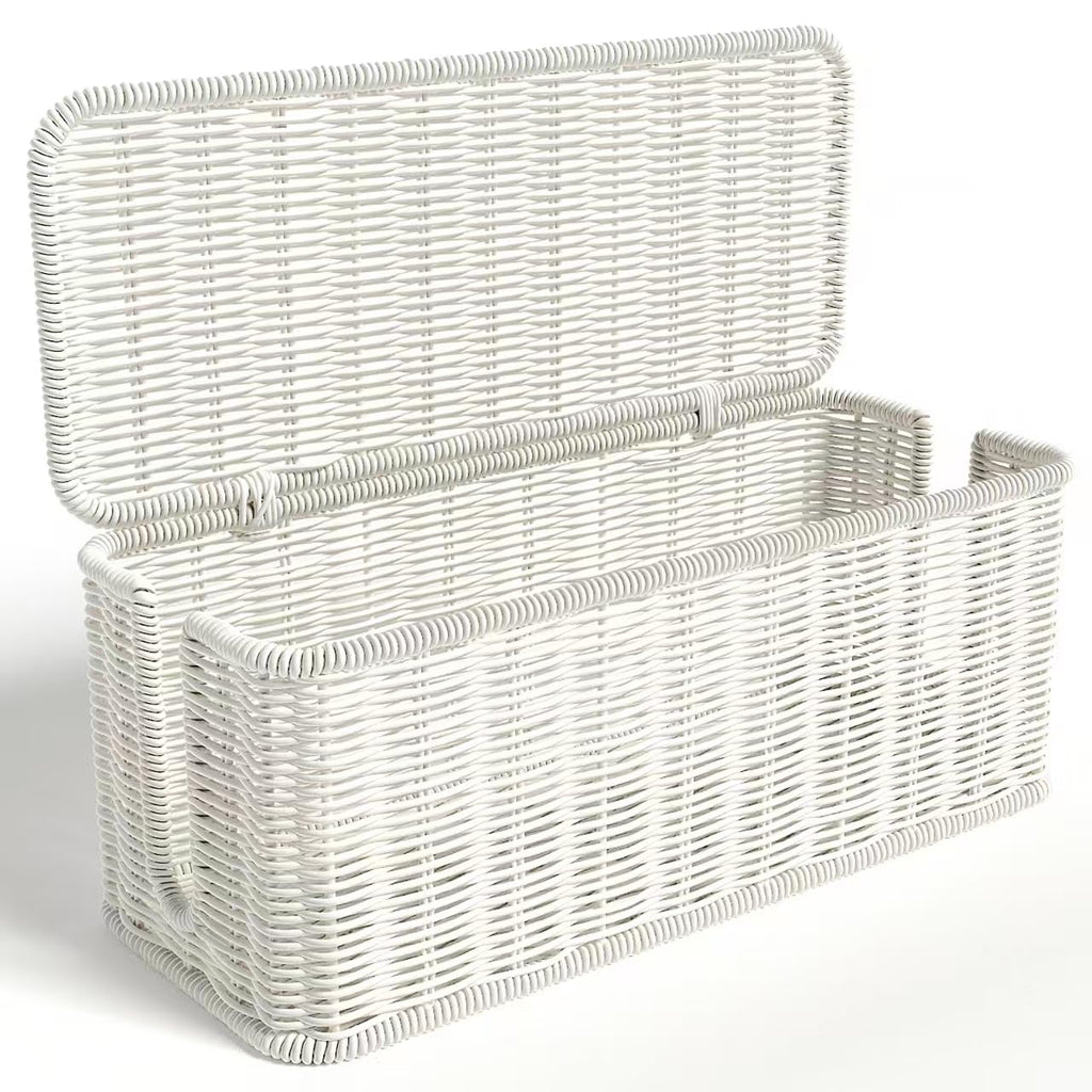 Handwoven Rattan-Look Cable Box with Lid and 2 Slots, 13.7 in, White