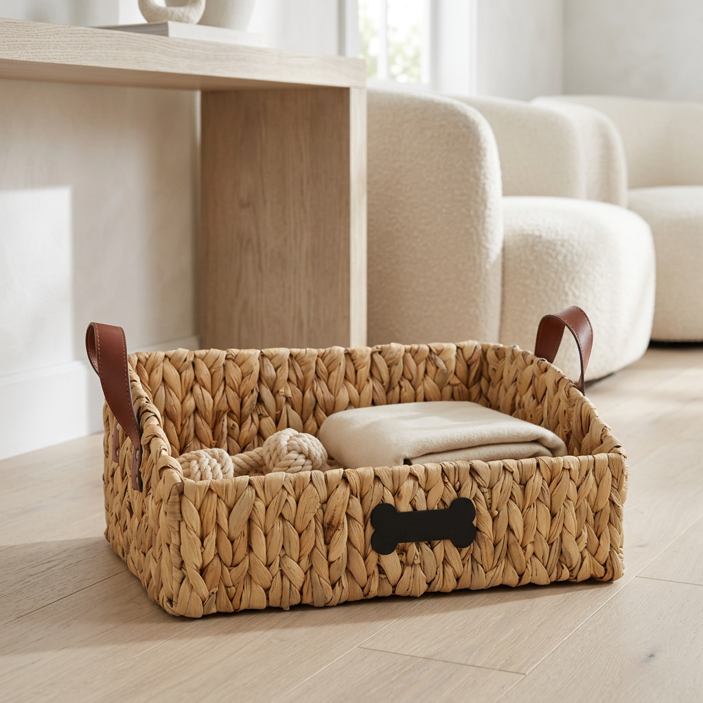 Woven Water Hyacinth Pet Toy Basket, Trapezoid Farmhouse Style