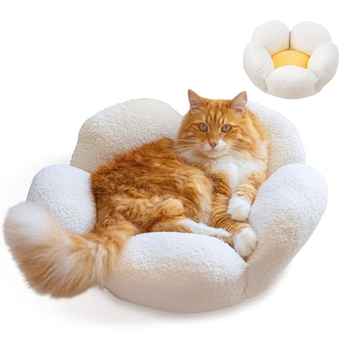 Flower-Shaped Plush Cat Bed with Water-Resistant Bottom, White
