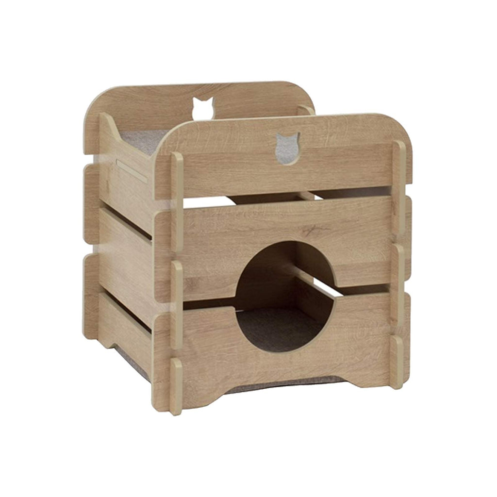 2-Level Cat Cottage Hideout with Lookout and Cushions, Oak