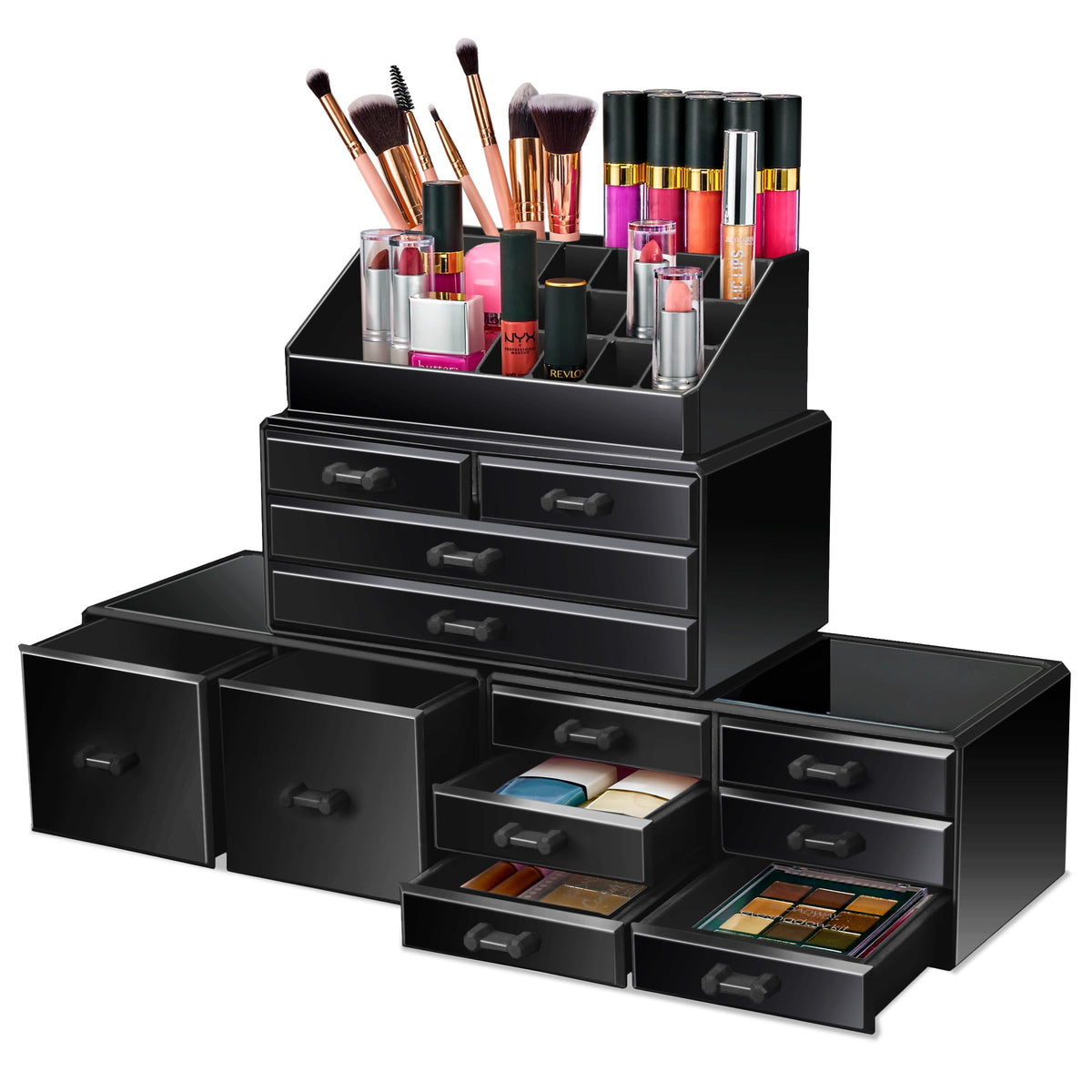 Stackable 12-Drawer Makeup and Jewelry Organizer with Lipstick Tray, Black