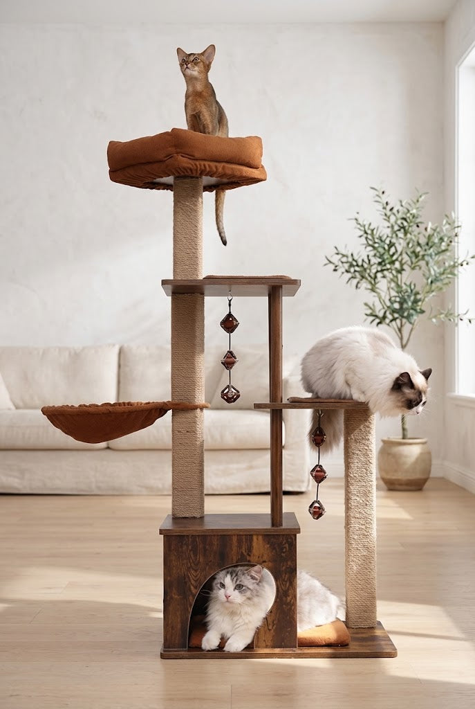 4-Level Wood Cat Tree with Jute Posts, Hammock and Silvervine Balls