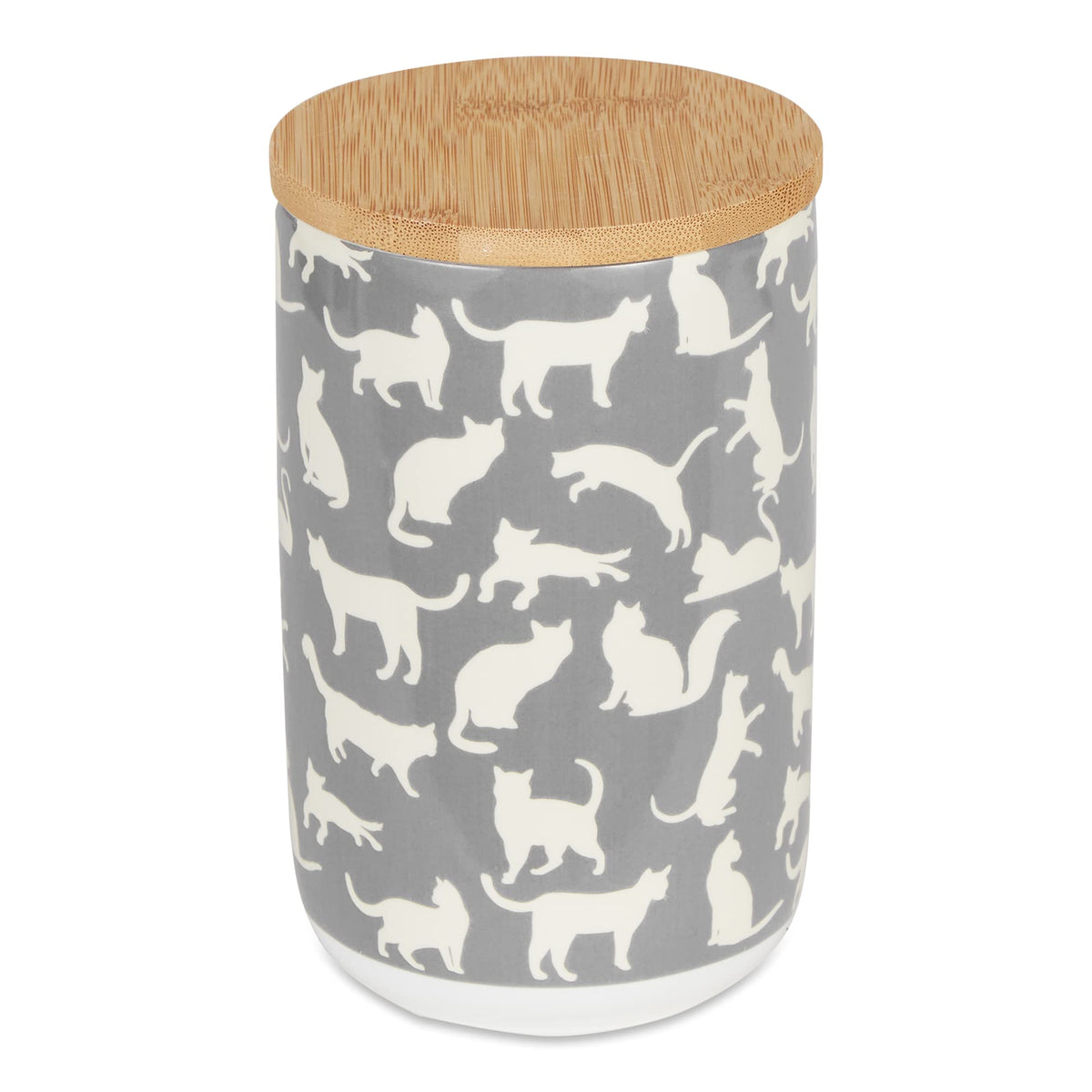 Ceramic Cat Treat Jar with Bamboo Lid, 4 x 6.5 in, Grey