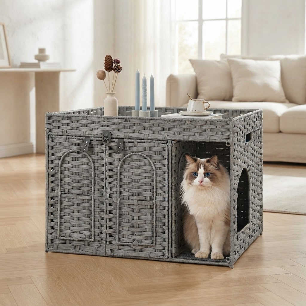 Rattan Litter Box Enclosure with Hallway Divider and Litter Mat, Gray