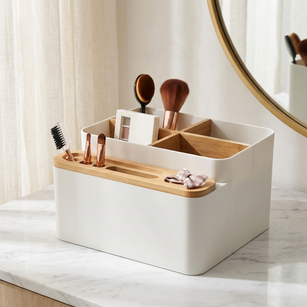 Nordic Bamboo Desk Organizer with Front Compartment, Apricot or White