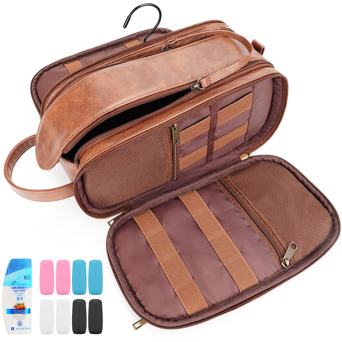 Large PU Leather Hanging Toiletry Bag with 8 Bottle Covers, Brown