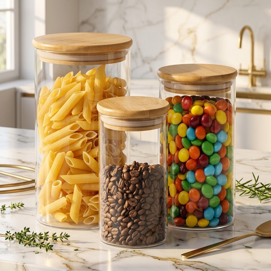 Stackable Glass Storage Jars with Bamboo Lids, 3 Sizes, Set of 3