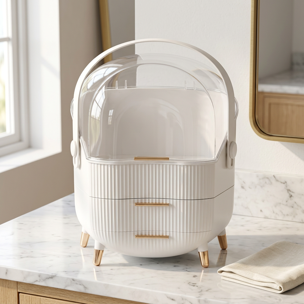 Oval Dustproof Makeup Organizer with Adjustable Dividers, White