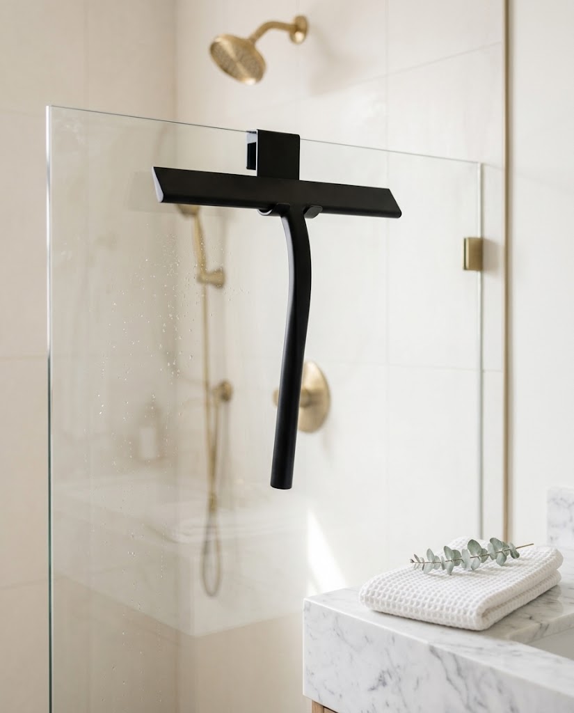 Stainless Steel and Silicone Shower Squeegee with Adhesive Hook, Black