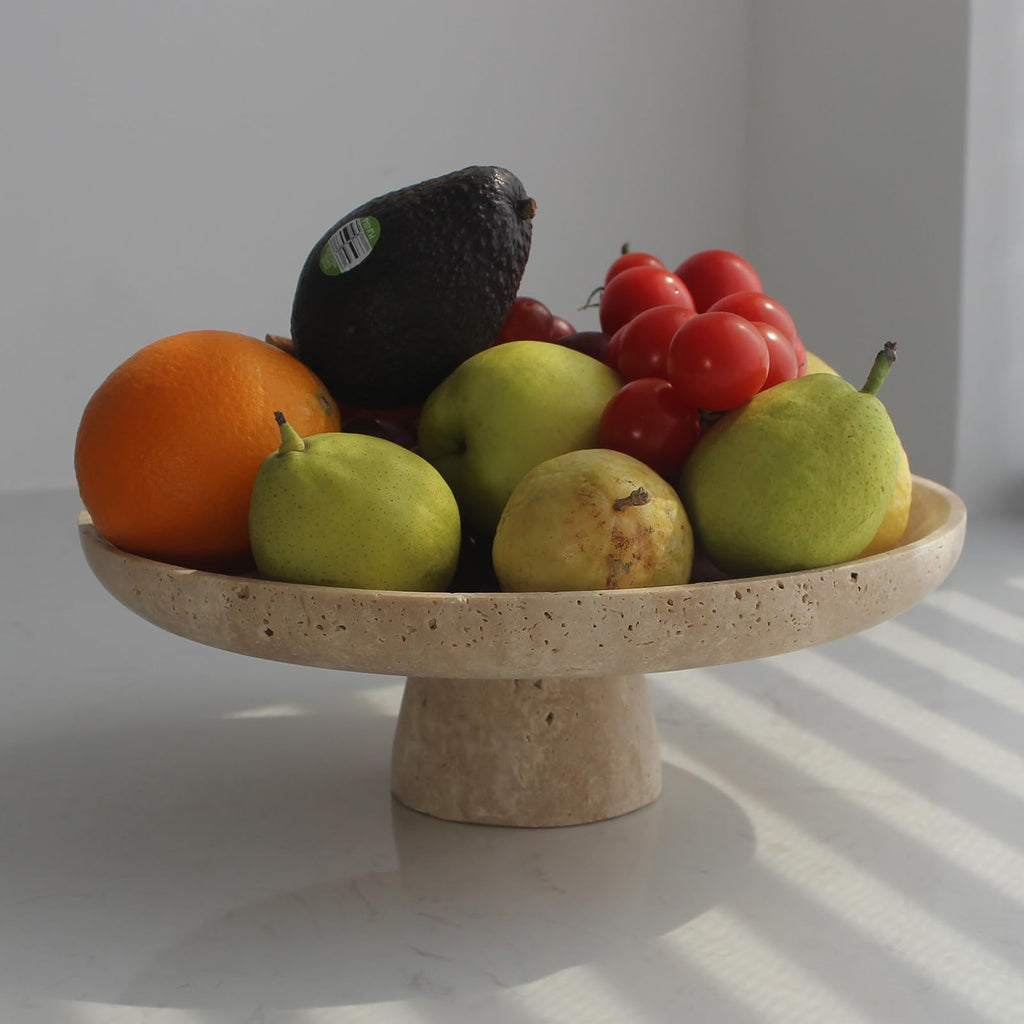 Beige Travertine Pedestal Fruit Bowl, 10.24 in