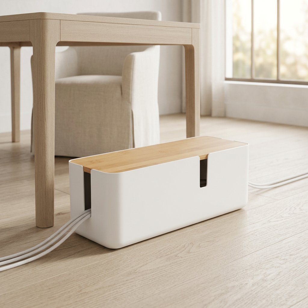 Small Cable Management Box with Bamboo Lid, 12 x 5 in, White
