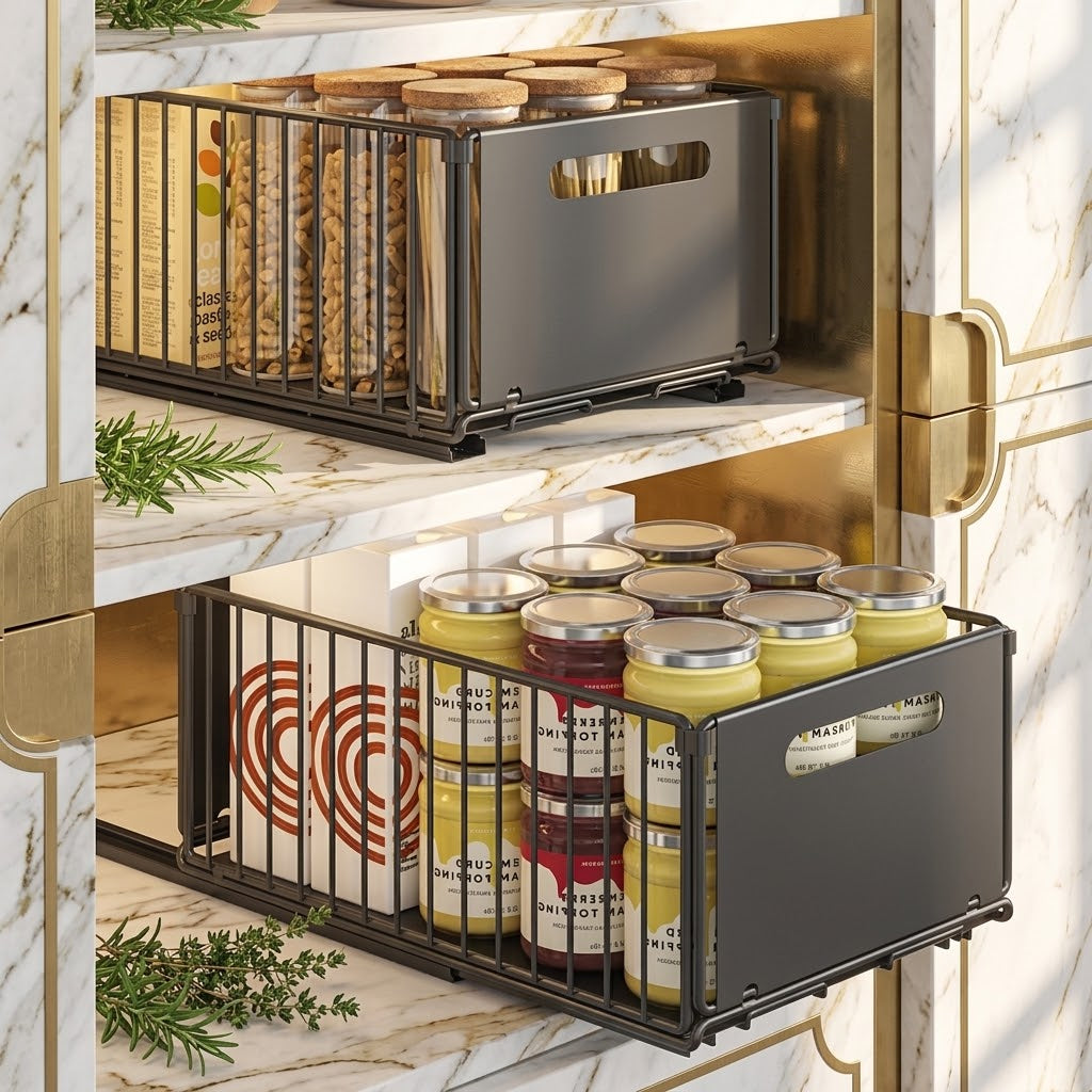 No-Drill Pull-Out Cabinet Baskets, Carbon Steel, 2-Piece, Black