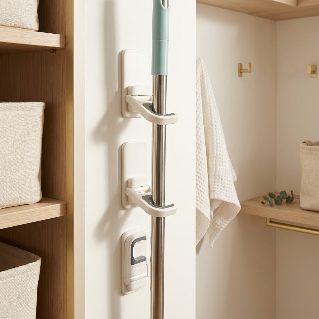 Self-Adhesive Broom and Mop Holders for Wall, Set of 3, White