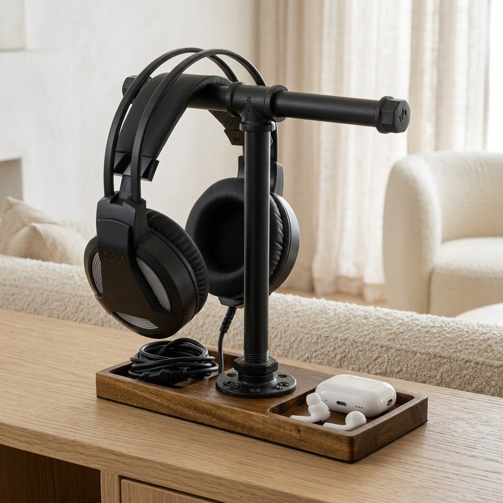 Dual Headphone Stand with Acacia Wood Base and Metal Pipe T-Bar