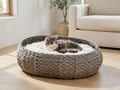 Handmade Woven Paper Rope Oval Cat Bed with Pillow, Natural