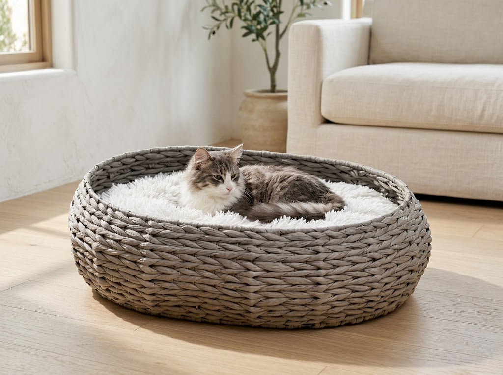 Handmade Woven Paper Rope Oval Cat Bed with Pillow, Natural