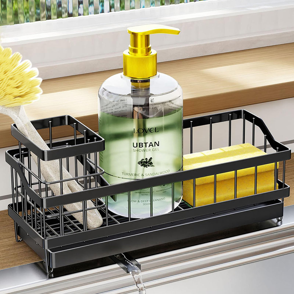 Black Sink Caddy Sponge Holder with Drain Tray