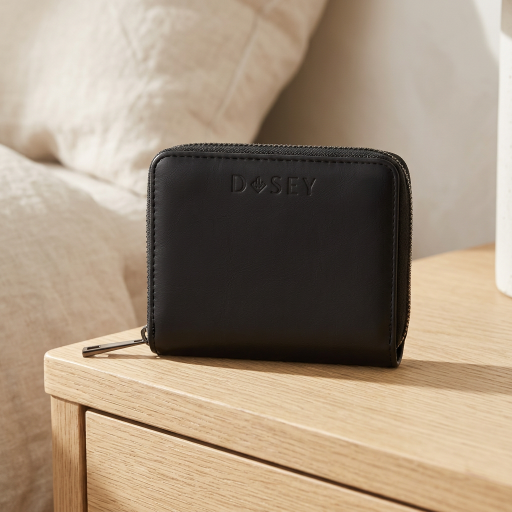 Vegan Leather Pill Wallet with 4 Reusable Zip Pill Pouches, Black