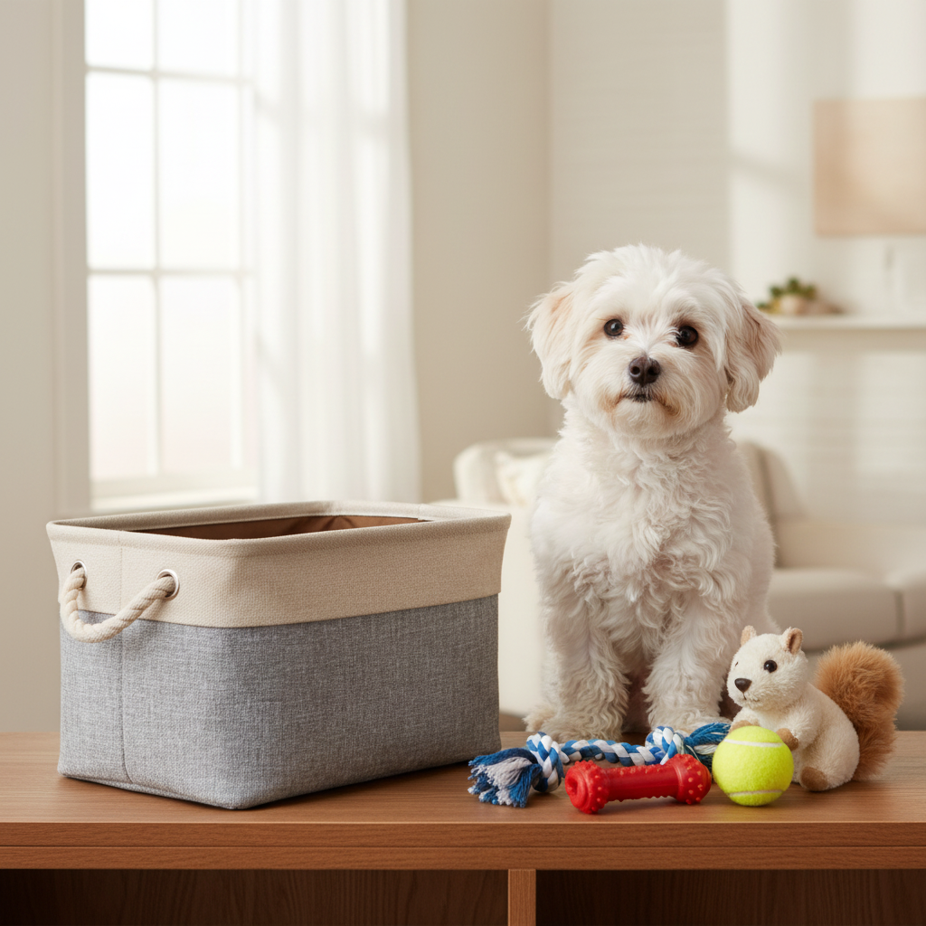 Dog Toy Basket with Dog