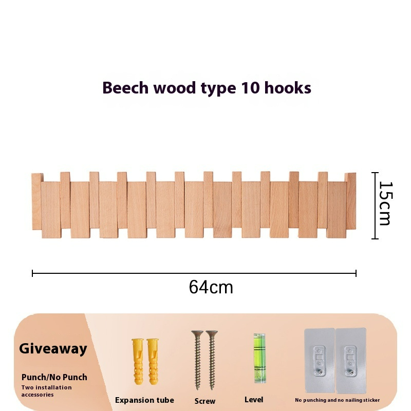 Wall-Mounted Wooden Key and Coat Hook Rack, 4 to 12 Hooks