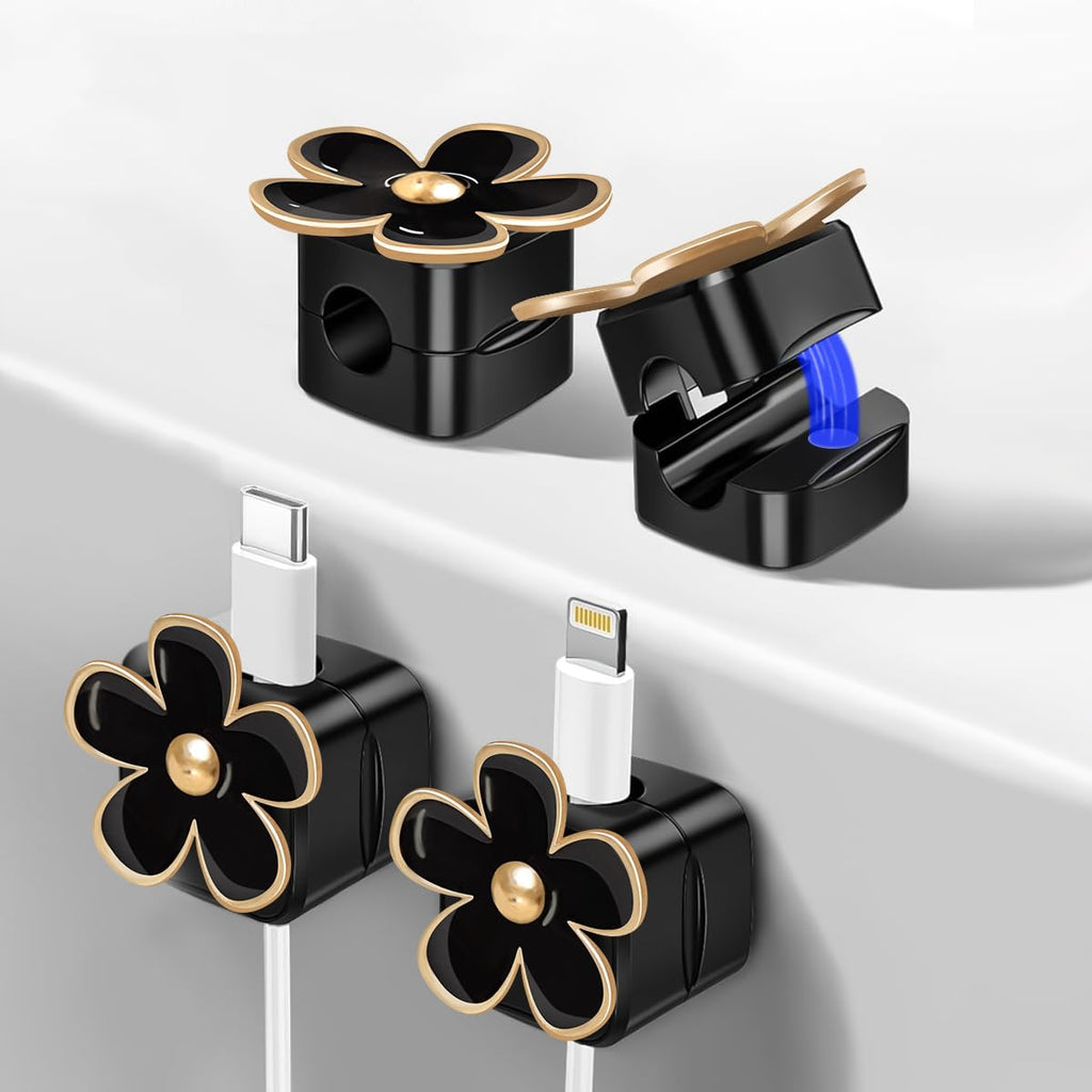 Magnetic Adhesive Cable Clips, 4 Pack, Black Flower