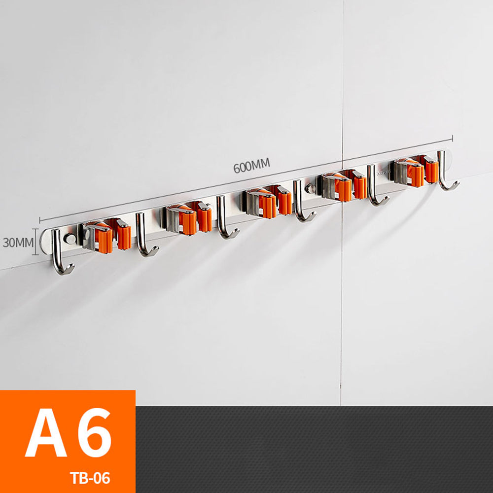 Wall-Mounted Broom and Mop Holder with Grips and Hooks, Orange