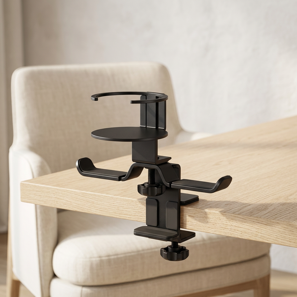 Clamp-On Headphone Hanger and Cup Holder, 360° Rotating Arm