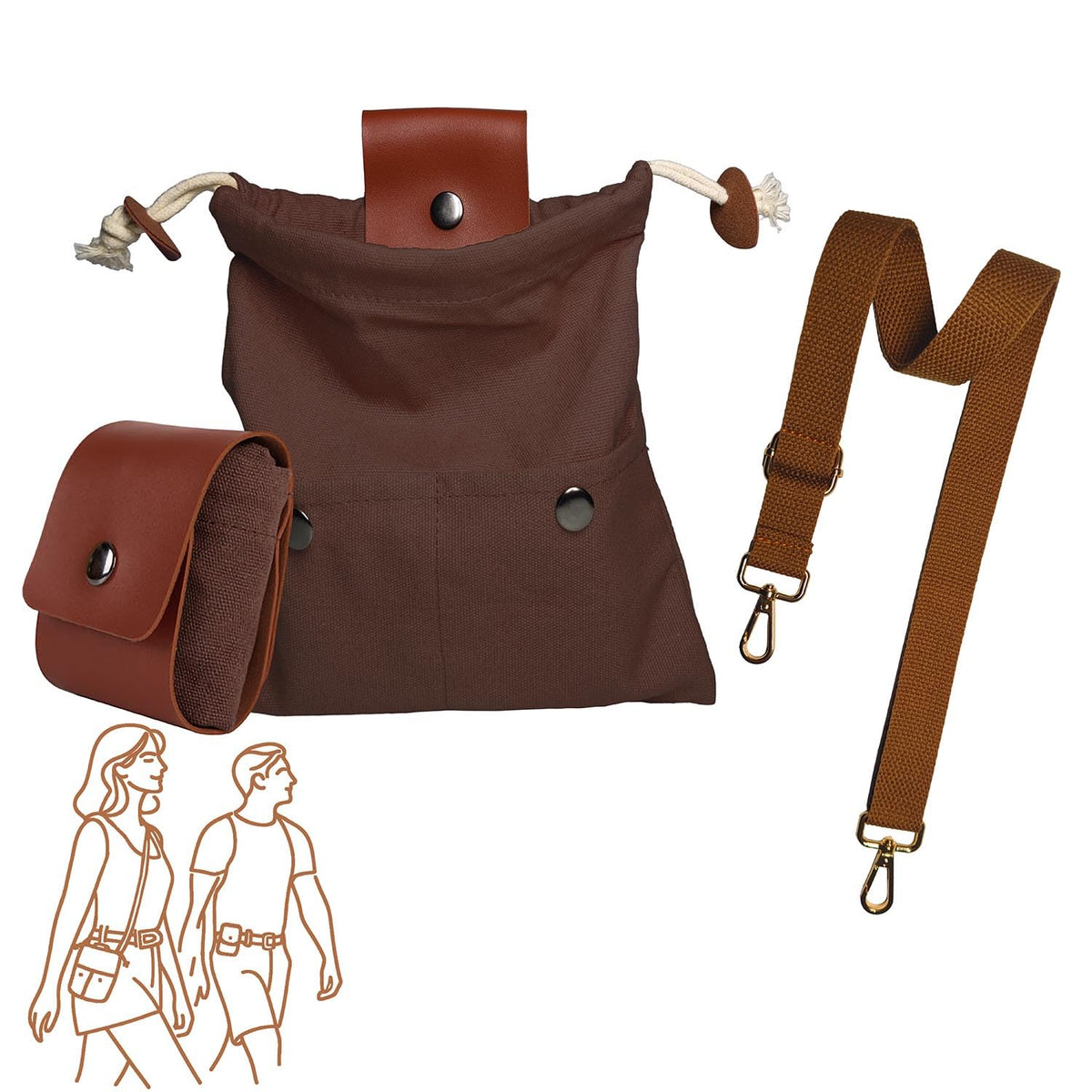 Canvas Foraging Pouch with Front Pockets and Shoulder Strap, Brown