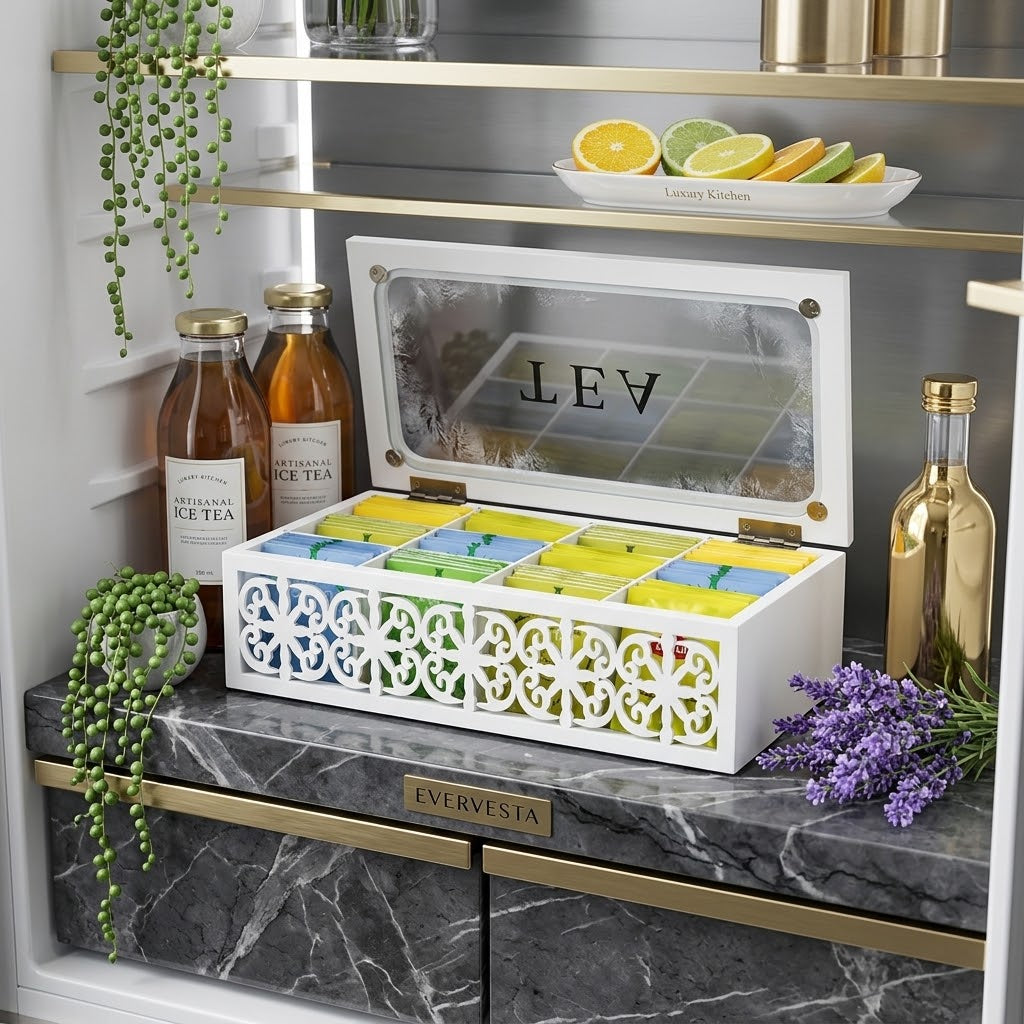 Wood Tea Box Organizer with 12 Compartments and Glass Window