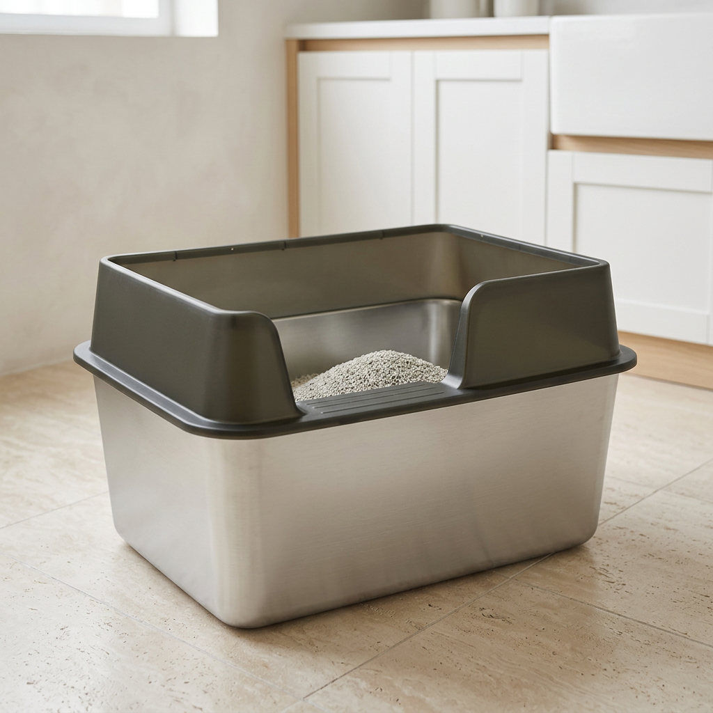XL High-Sided Stainless Steel Litter Box with Lid, Mat and Scoop