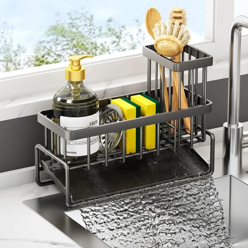 Sloped Stainless Steel Sink Caddy with Removable Brush Holder