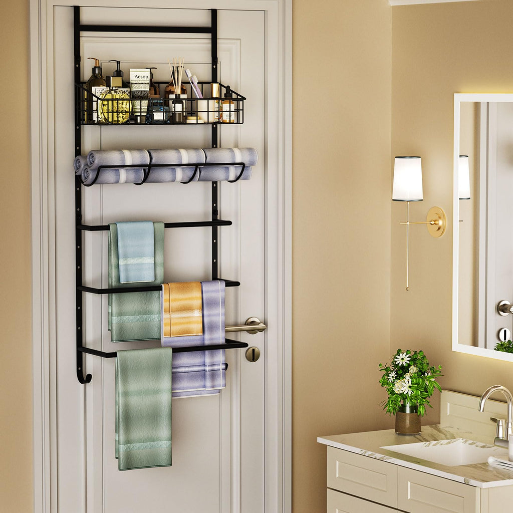 Over-the-Door 5-Tier Towel Rack with Hooks, Basket and Tissue Holder
